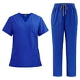 thumbnail image 1 of FAVIPT Women's 2pc Pockets Nurses Uniform Fashion Short Sleeve Blouse V-Neck Elastic Waist Casual Pants Blue,XXL, 1 of 2
