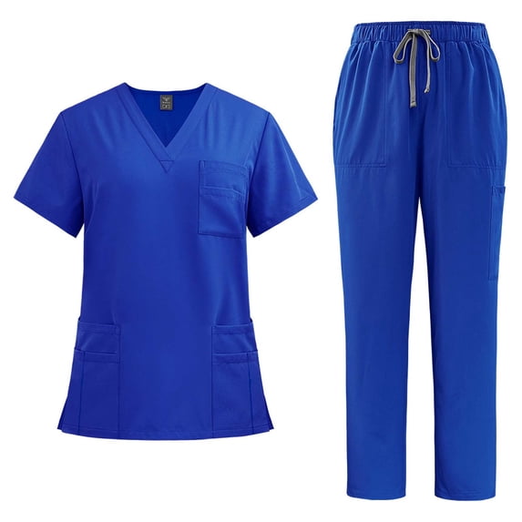 FAVIPT Women's 2pc Pockets Nurses Uniform Fashion Short Sleeve Blouse V-Neck Elastic Waist Casual Pants Blue,XXL