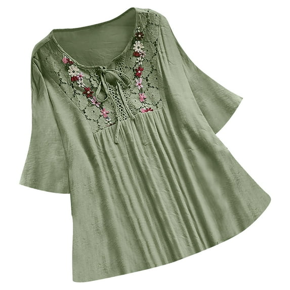 FAVIPT Women's 3/4 Lace Sleeve Linen Tops Vintage Floral Embroidered Bohemian Tunic Tees V Neck Bandage Patchwork Blouses Peasant Loose 2025 Tops Army Green,XXL