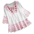 thumbnail image 1 of FAVIPT Women's 3/4 Sleeve Linen Shirts Lace Embroidery Gauze Tunic Tees V Neck Bandage Linen Patchwork Blouses Casual Boho Peasant Tops Summer 2025 White,XXXXL, 1 of 6