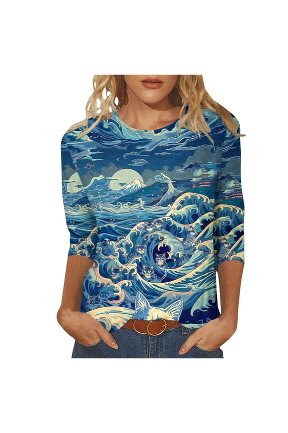 Women's 3/4 Sleeve Tops and Blouses Blue Waves Printed Shirts Plus Size Tops Casual Crewneck Blouse Top Ladies Fall Fashion Clothes 2024 Blue,L