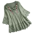thumbnail image 1 of FAVIPT Women's 3/4 Sleeve Tshirts Mexican Embroidered Shirts Lace Patchwork Bow V Neck Boho Tops Peasant Summer Plus Size Tunic Top 2024 Green,S, 1 of 5