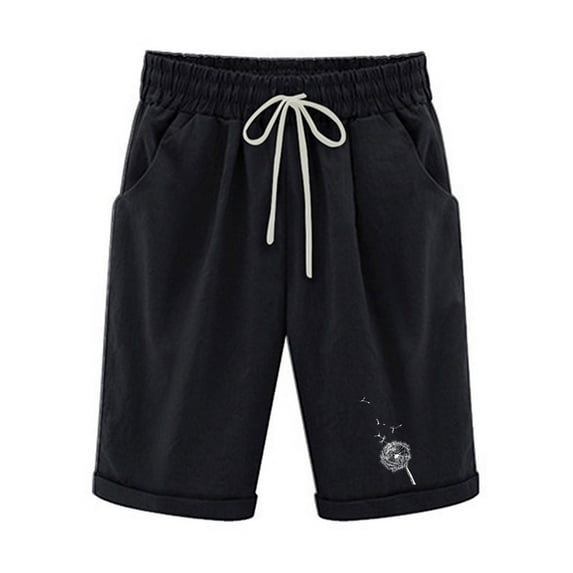 FAVIPT Women's Bermuda Shorts Elastic Waist Drawstring Lounge Shorts Cute Print Knee Length Shorts Walking Hiking Casual Summer Shorts with Pockets Black,XL