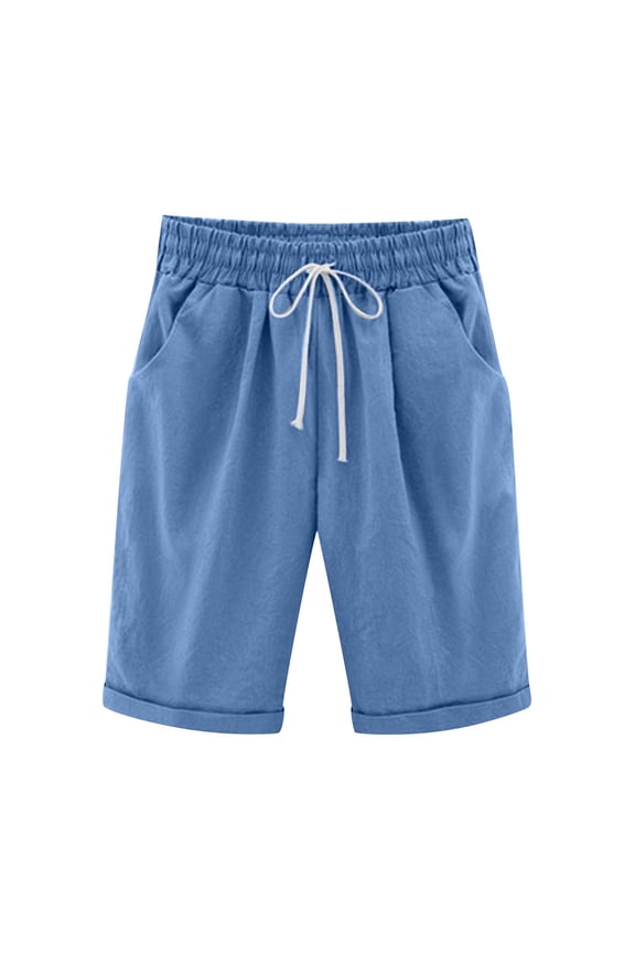 Women's Bermuda Shorts Linen Drawstring Elastic Waist Shorts Knee Length Solid Color Shorts Lounge Summer Walking Jogging Shorts with Pockets 2025 Blue,L