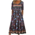 FAVIPT Women's Bohemian Floral Beach Dress Crewneck Short Sleeve Flowy