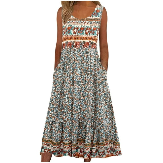 FAVIPT Women's Boho Dress Maxi Round Neck Sleeveless Ethnic Dresses Vintage Graphic Print Dress Casual Summer 2025 Dresses with Pockets Beige,XXL