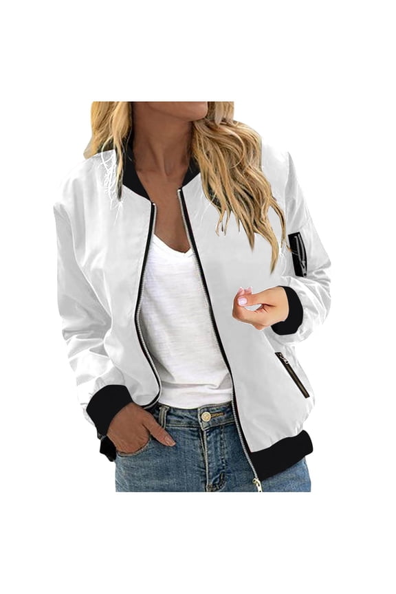 Women's Bomber Jacket Long Sleeve Crew Neck Jackets Zip Up Solid Color Comfy Lightweight with Pockets Casual Trendy 2025 Outerwear White,XXL