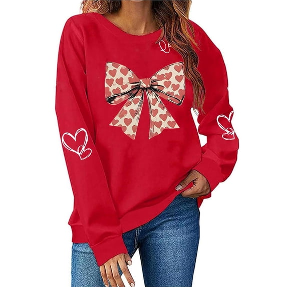 FAVIPT Women's Bow Graphic Sweatshirts 2026 Cute Heart Print Tops Long Sleeve Crew Neck Valentine Casual Outfits Red,L