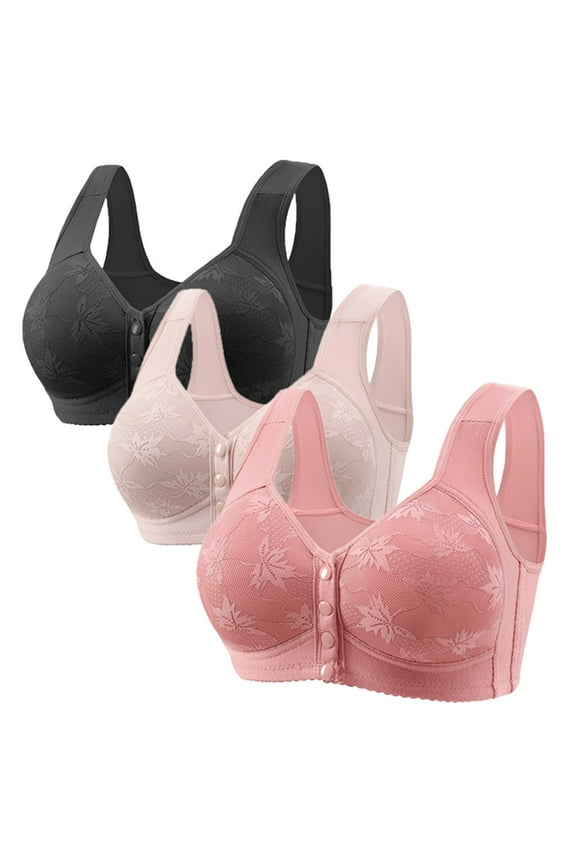 Women's Bra Pack of 3 Push Up No Underwire Senior Bras Front Closure Full Coverage Bralettes Lace Everyday Tank Bras 2025 Black,M