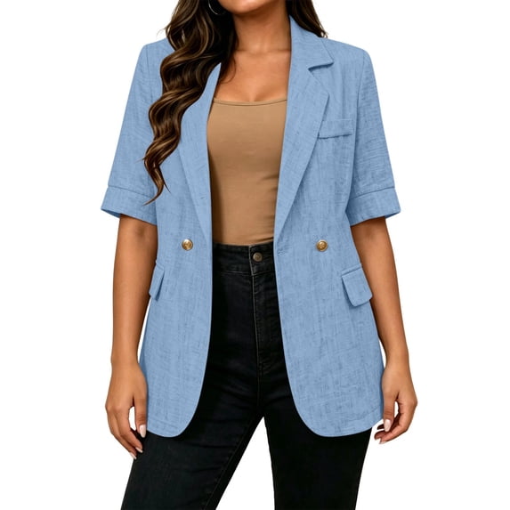 FAVIPT Women's Casual Blazer Lightweight Business Work Dressy Outfits Notch Lapel Short Sleeve Open Front Suit Jackets without Pockets Light Blue,XXL
