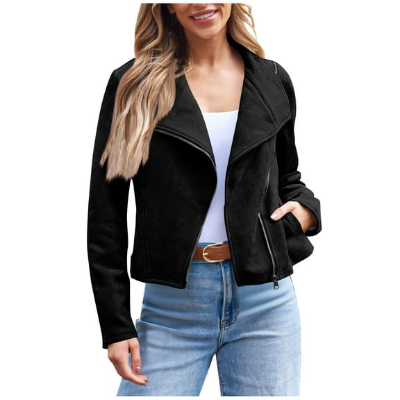 FAVIPT Women's Casual Faux Suede Jacket Oversized Zip Up Cropped Coats Trendy Motorcycle Work Outerwear Fall Fashion Winter Clothes Black,S