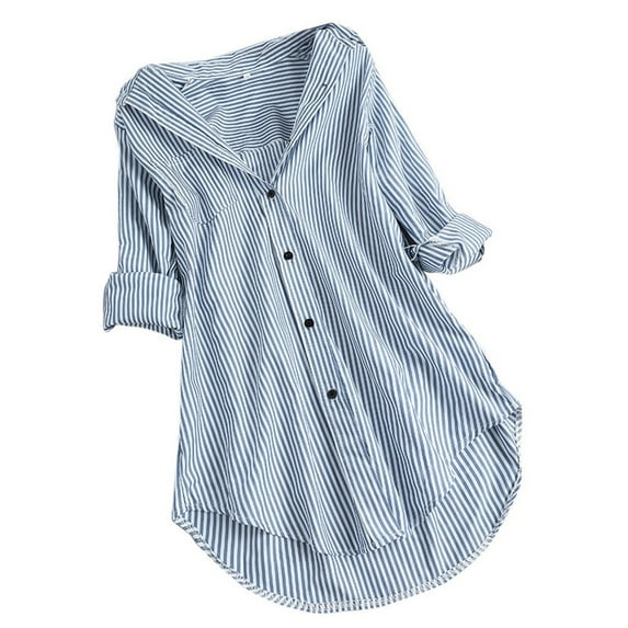 FAVIPT Women's Casual Turn-Down Collar Button Blouses Plus Size Curved Pleated Shirt Long Sleeve Shirt Loose Tunic Top