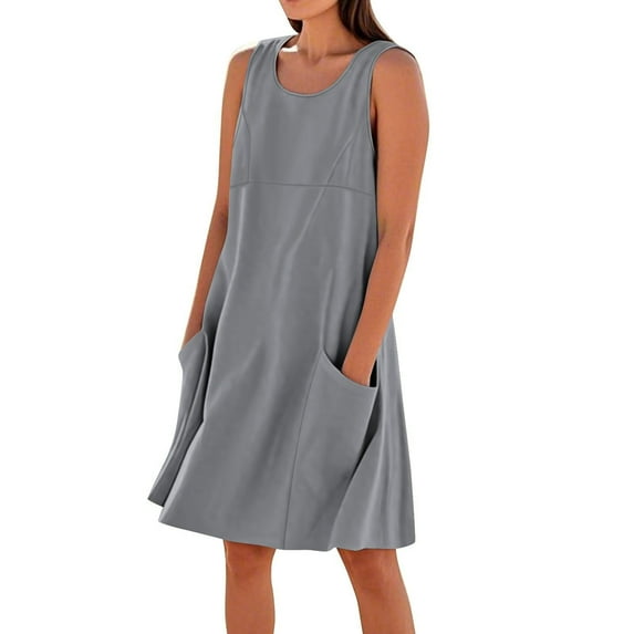 FAVIPT Women's Cotton Linen Dresses Sleeveless V Neck Comfy Dress Plain Elegant Loose Maxi Dresses Casual Fashion Summer 2025 Dress with Pockets Gray,S