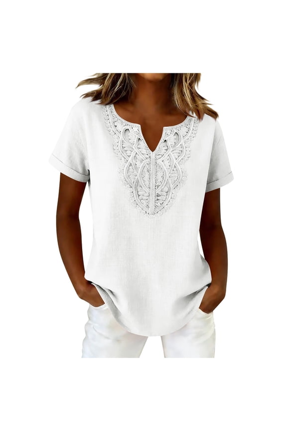 Women's Cotton Linen Lace Tops V Neck Short Sleeve Boho Shirts Peasant Gauze Lightweight Tunic Tees White,XL