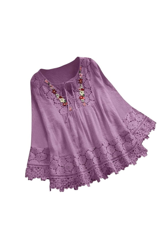 Women's Cotton Linen Shirts Boho Retro Embroidered Patchwork Tops 3/4 Length Lace Sleeve V Neck Blouses Casual Peasant Loose Tees 2025 Purple,L