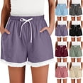 thumbnail image 1 of FAVIPT Women's Cotton Linen Shorts Drawstring Elastic Waist Lace Trim Pockets Shorts Casual Loose Summer Beach Lounge Shorts Khaki,XXL, 1 of 9