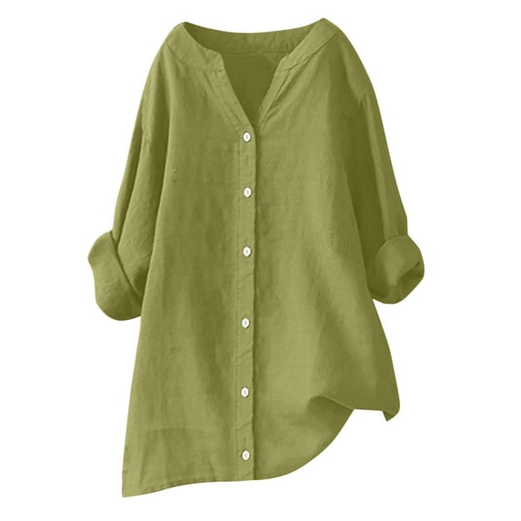 FAVIPT Women's Cotton Linen Tunic Tops Button Down Roll Up Long Sleeve Blouses Casual Solid Color Shirts Work Gauze Tops Plus Size Army Green,M