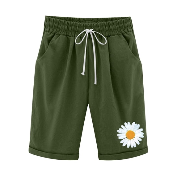 FAVIPT Women's Cotton Shorts,Womens Bermuda High Rise Shorts Knee Length Sunflower Print Linen Drawstring Casual Shorts Athletic Jogger Workout Shorts,Army Green,XXXL