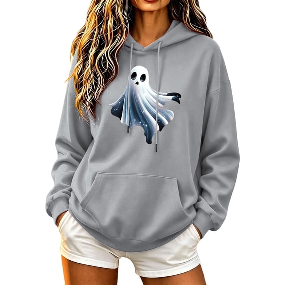 FAVIPT Women's Cute Halloween Sweatshirt Drawstring Long Sleeve Oversized Hoodies Funny Ghost Print Casual Pullover with Pocket Gray,XXL