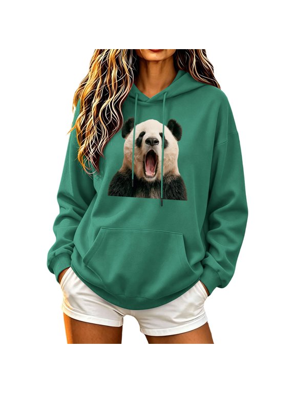 Women's Cute Halloween Sweatshirt Funny Panda Print Oversized Hoodies Drawstring Long Sleeve Pocket Casual Pullover Top Army Green,M