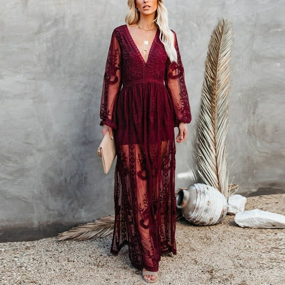 FAVIPT Women's Deep V Neck Dreses,2023 Women Lace Crochet Long Sleeve Long Dress See-Through Slit Maxi Dress for Photos Party Dresses