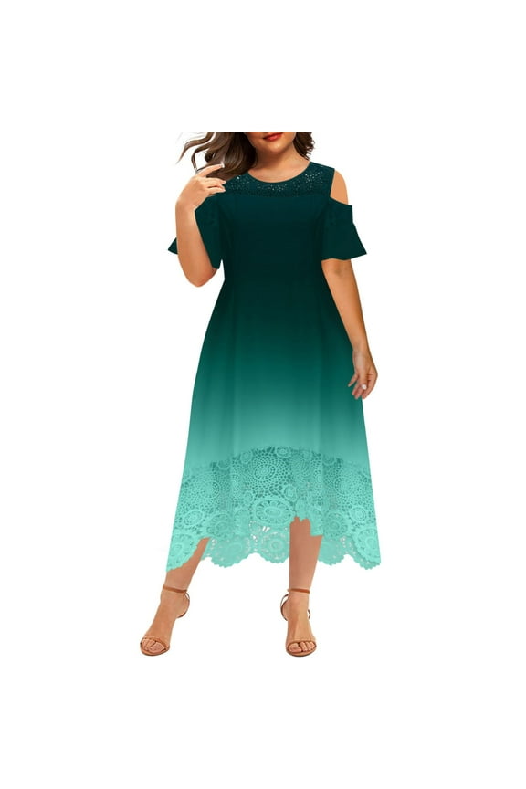 Women's Dresses Summer Casual Plus Size Loose Fit Lace Dresses Short Sleeve Crew Neck Dress Patchwork Ruffle Elegant Dresses 2025 Green,XL