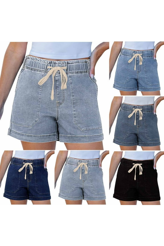 Women's Elastic Waist Denim Shorts Drawstring Pull On Jean Shorts Stretchy Trendy Summer Jorts Black,XXL