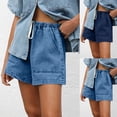 thumbnail image 1 of FAVIPT Women's Elastic Waisted Denim Shorts Drawstring Vintage Jean Jorts Baggy Pockets Summer Loose Shorts Light Blue,L, 1 of 7