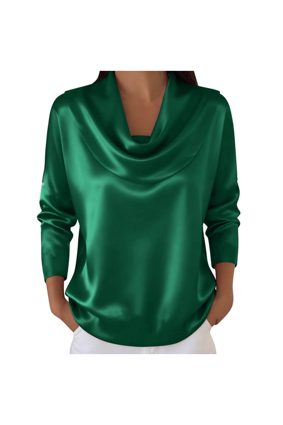 Women’s Elegant Satin Blouse Drape Silk Ruched Cowl Neck tops Long Sleeve Office Business Shirts Green,L