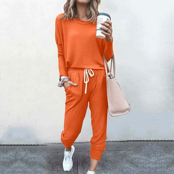 FAVIPT Women's Fall 2 Piece Solid Lounge Outfit 2024 Long Sleeve Crewneck Tops High Waisted Jogger Pants Set Tracksuit Orange L