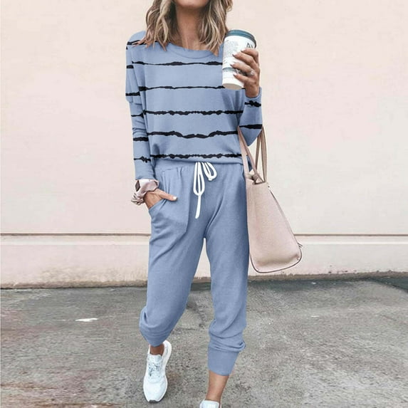 FAVIPT Women's Fall 2 Piece Striped Lounge Outfit 2024 Long Sleeve Crewneck Tops High Waisted Jogger Pants Set Tracksuit Sky Blue 4XL