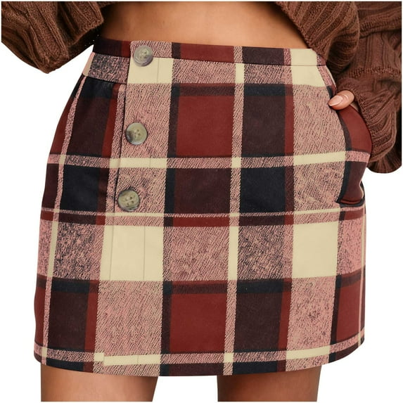 FAVIPT Women's Fall Wool Plaid Mini Skirt Elastic High Waist Button Outfits Bodycon Pencil Casual Pockets Skirts 2025 Orange,XXL