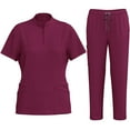 thumbnail image 1 of FAVIPT Women's Fashion Nurses Work Set 2pc Drawstring Stretch Pants V-Neck Short Sleeve Blouse with Pockets 2026 Wine,M, 1 of 7