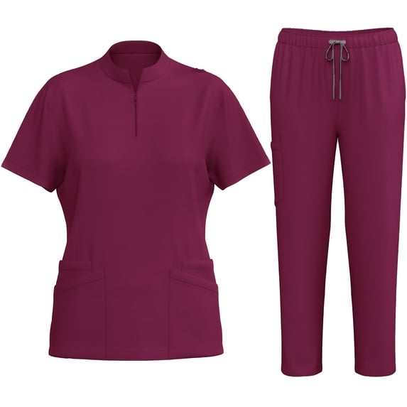 FAVIPT Women's Fashion Nurses Work Set 2pc Drawstring Stretch Pants V-Neck Short Sleeve Blouse with Pockets 2026 Wine,M