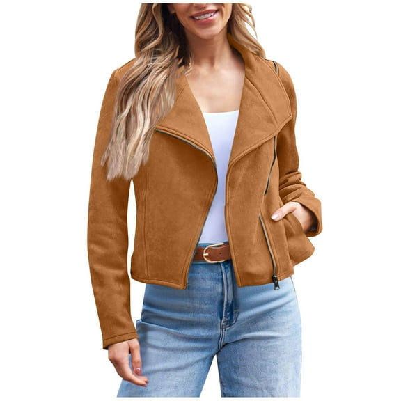 FAVIPT Women's Faux Suede Cropped Jacket Casual Loose Lapel Full Zip Coats Oversized Solid Moto Outerwear Fall Fashion Outfits 2025 Brown,L