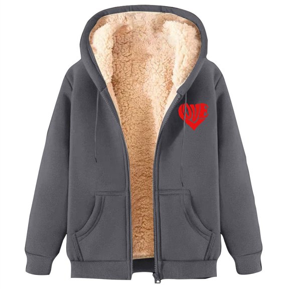 FAVIPT Women's Fleece Hoodie Sweatshirt Sherpa Fuzzy Winter Warm Jackets Graphic Print Full Zip Casual Coats with Pockets 2025 Dark Gray,XL