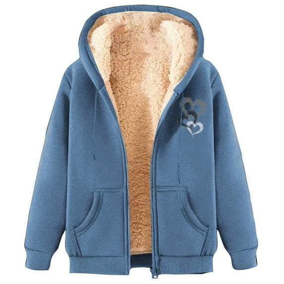 FAVIPT Women's Fleece Hoodie Sweatshirt Sherpa Fuzzy Winter Warm Jackets Graphic Print Full Zip Casual Coats with Pockets 2025 Navy,XL