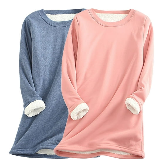 FAVIPT Women's Fleece Lined Sweatshirt Winter Warm Sherpa Crewneck Sweatshirts Pullover Basic Solid Long Sleeve Loungewear Tunic Tops Plus Size Pack of 2 Pink,L