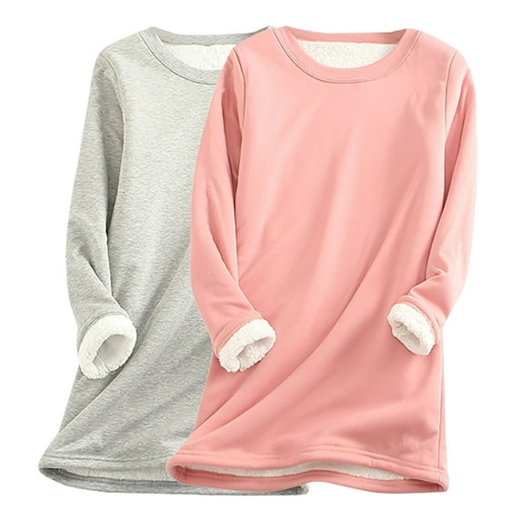 FAVIPT Women's Fleece Lined Sweatshirt Winter Warm Sherpa Crewneck Sweatshirts Pullover Basic Solid Long Sleeve Loungewear Tunic Tops Plus Size Pack of 2 Pink,L