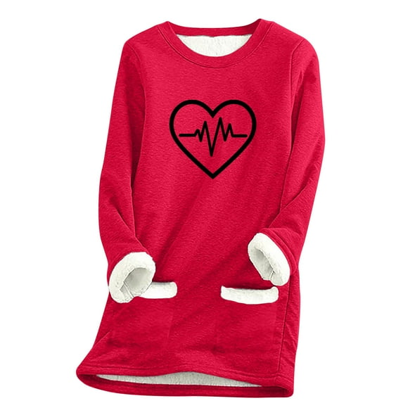 FAVIPT Women's Fleece Lined Sweatshirts Printing Sherpa Long Sleeve Underwear Casual Trendy Winter 2025 Warm Tops with Pockets Red,XXL