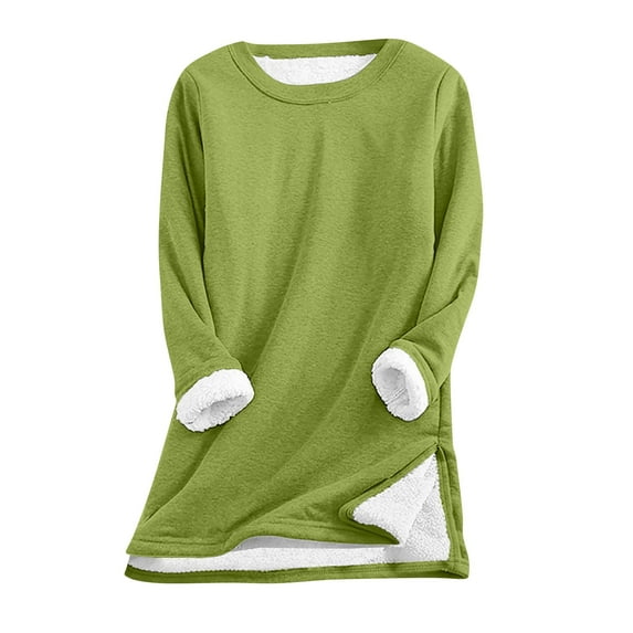 FAVIPT Women Fleece Lined Sherpa Sweatshirt Crew Neck Fuzzy Warm Pullover Long Sleeve Crew Neck Tops Side Split Winter Casual Loungewear Green,M