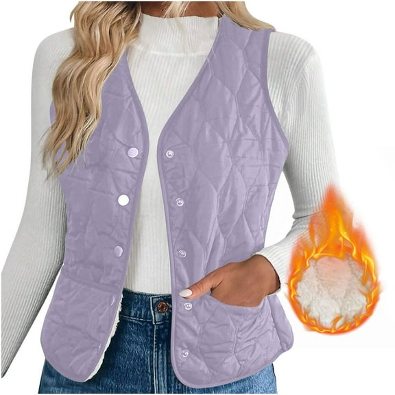 FAVIPT Women's Fleece Lined Vest Quilted Puffer Padded Cropped Jacket Sleeveless Button Down Coats Lightweight Winter 2025 Outerwear Purple,M