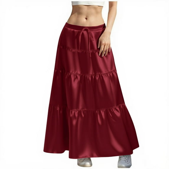 FAVIPT Women's Flowy Satin Maxi Skirt Tiered Elastic Waist A-Line Drawstring Skirts Silk Elegant Summer Swing Skirt Red,M