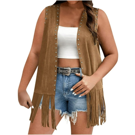 FAVIPT Women's Fringe Jackets Faux Suede Tassel Ethnic Outfits Rivet Western Cowgirl 70s Cardigan Casual Sleeveless Tops 2025 Brown,XXXL