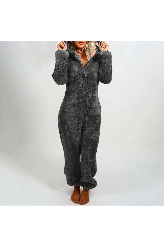 Women's Fuzzy Onesie Pajamas,Womens Zip Up Sherpa Hooded Jumpsuit Romper Fuzzy Pajamas Long Sleeve One Piece Onesie Winter Warm Rompers Sleepwear,Dark Gray,XXXXL