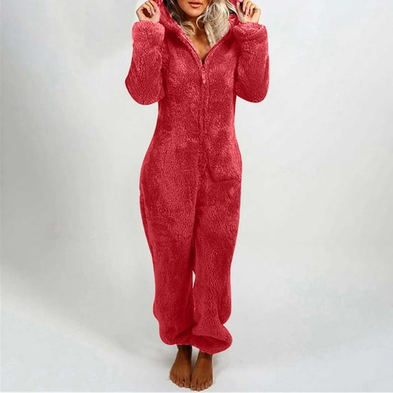 FAVIPT Women's Fuzzy Onesie Pajamas,Womens Zip Up Sherpa Hooded Jumpsuit Romper Fuzzy Pajamas Long Sleeve One Piece Onesie Winter Warm Rompers Sleepwear,Red,XL