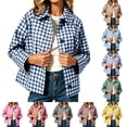 thumbnail image 1 of FAVIPT Women's Gingham Jackets Button Down Lapel Casual Cropped Shacket Pockets Plaid Loose Fit Fall Dressy Outfits Light Blue,XL, 1 of 7