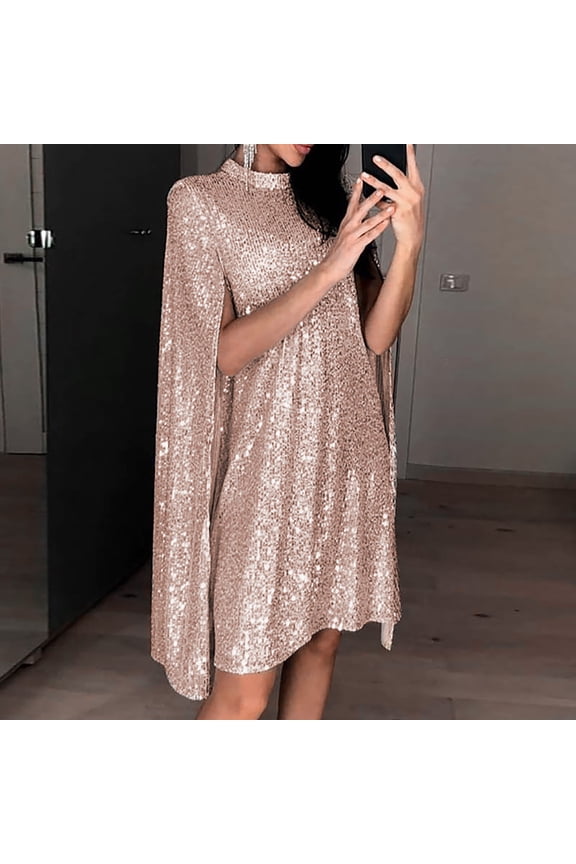 Women's Glitter Cloak Sleeve Mini Cape Dress Sequin Pleated Dresses Fashion Split Elegant Cocktail Dress 2024,Gold Sequin Dress for Women