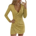 thumbnail image 1 of FAVIPT Women's Glitter Party Dresses 2025 Elegant Dressy Trendy V Neck Long Sleeve Faux Wrap Ruched Bodycon Sparkly Night Club Dress Yellow,L, 1 of 6