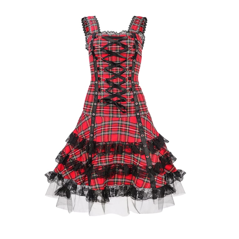 FAVIPT Women's Gothic Dresses Halloween Plaid Lace Up Bandage Dress Vintage  Elegant Bandage Dresses Sleeveless Corset Mini Costume Red,XL - Walmart.com